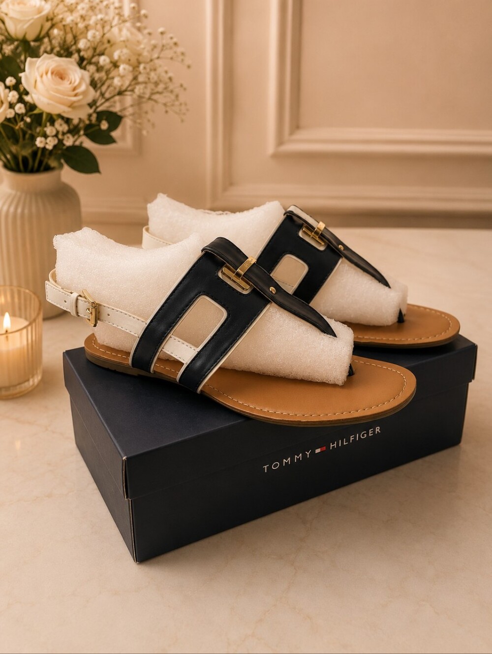 Tommy Hilfiger 9w Navy and White Leather Thong Sandals with Gold Buckle